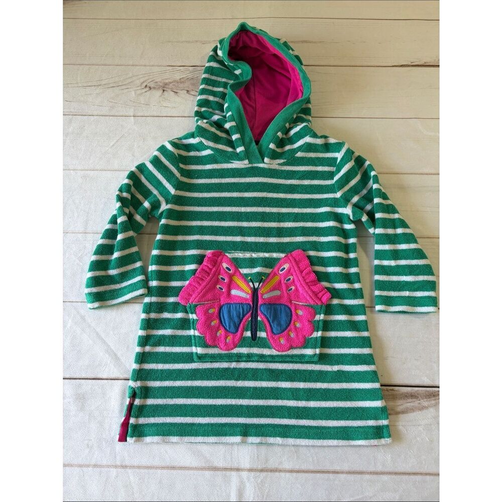 Mini Boden Green & White Striped Hooded Swim Towel with Pink Butterfly